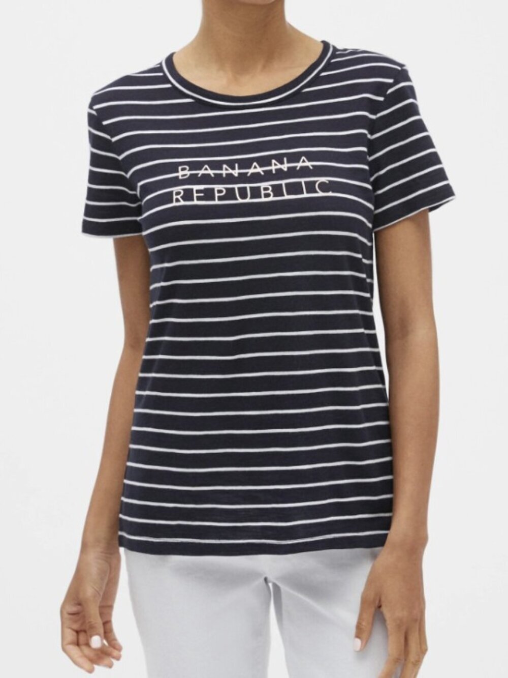 2/$30 Banana Republic Striped Logo Tee Short Sleeve Navy Medium #A2503